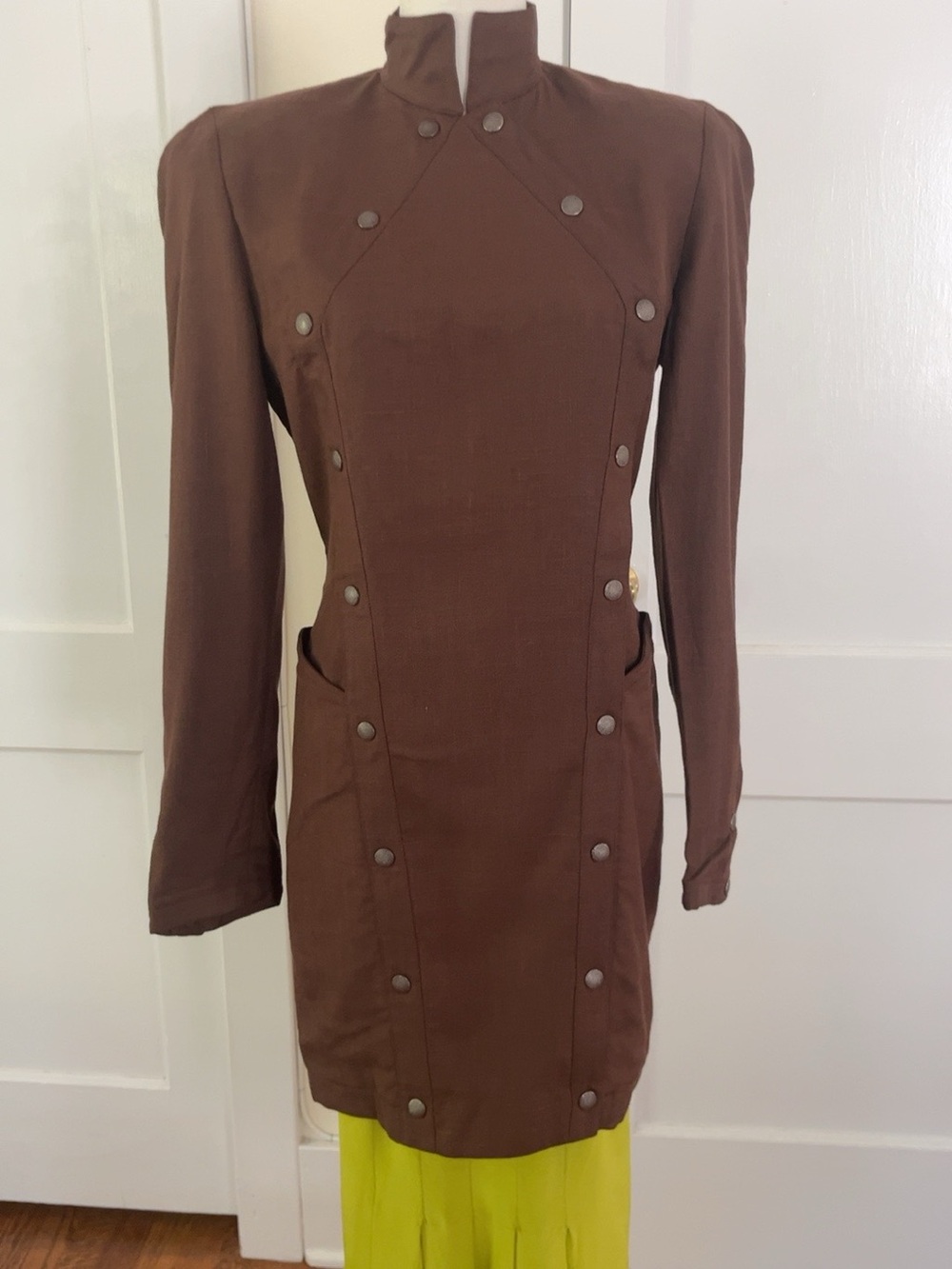 Vintage Thierry Mugler 1980s Brown Jacket & Chartreuse Skirt Archival Set 6062